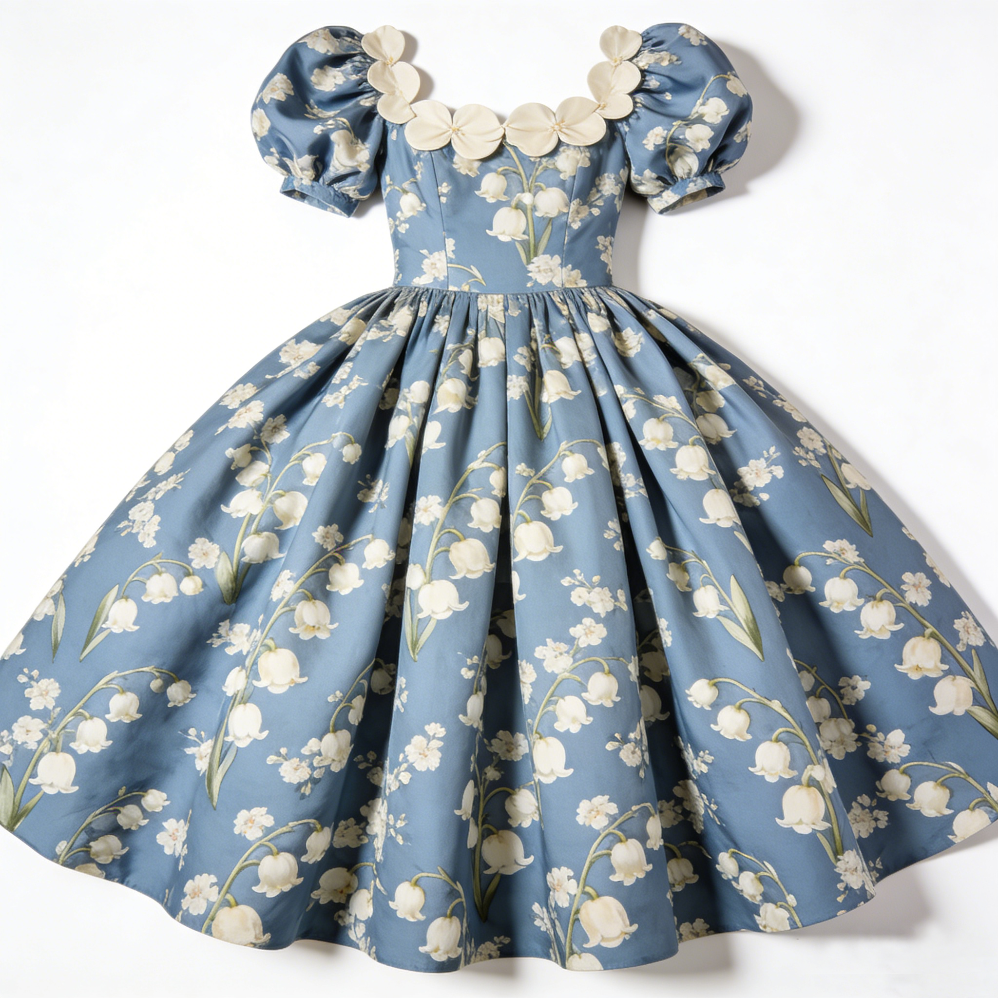 Blue Lily of the Valley Print Scalloped Neck Dress