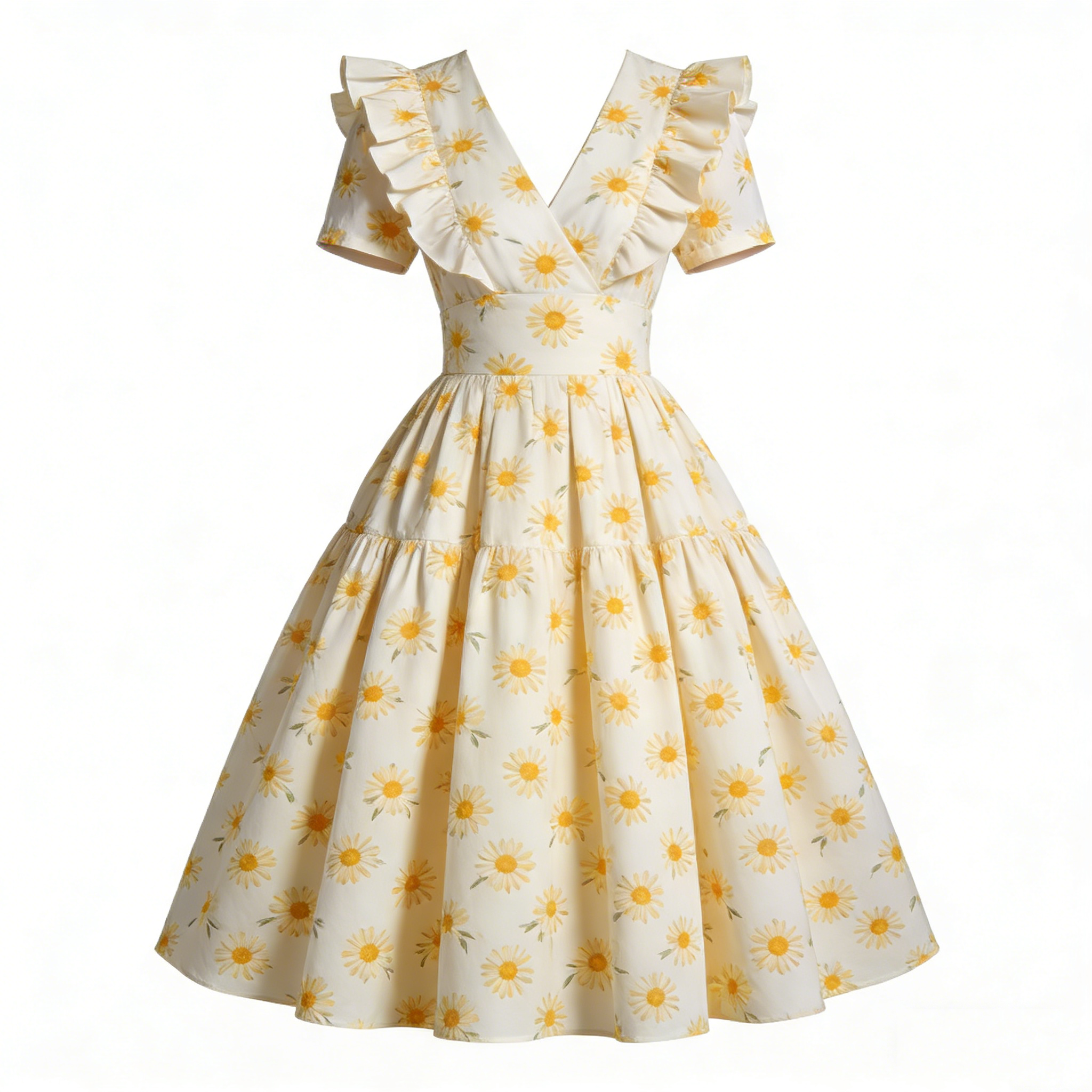 Cream Floral Ruffled V-Neck Tiered Dress
