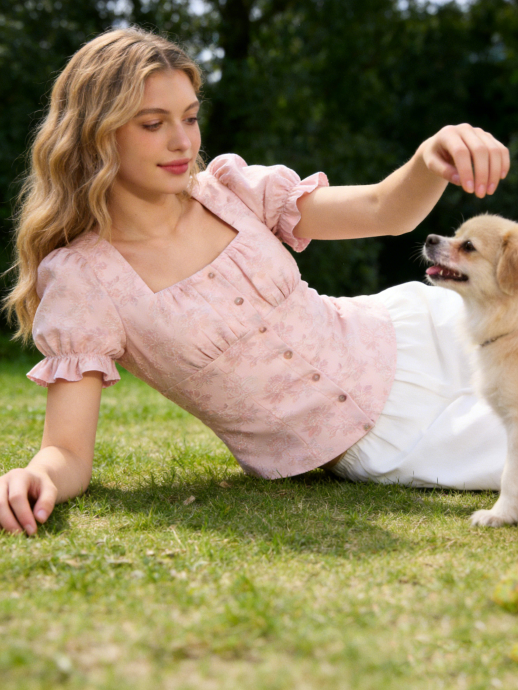 Pink Floral Jacquard Blouse with Puff Sleeves