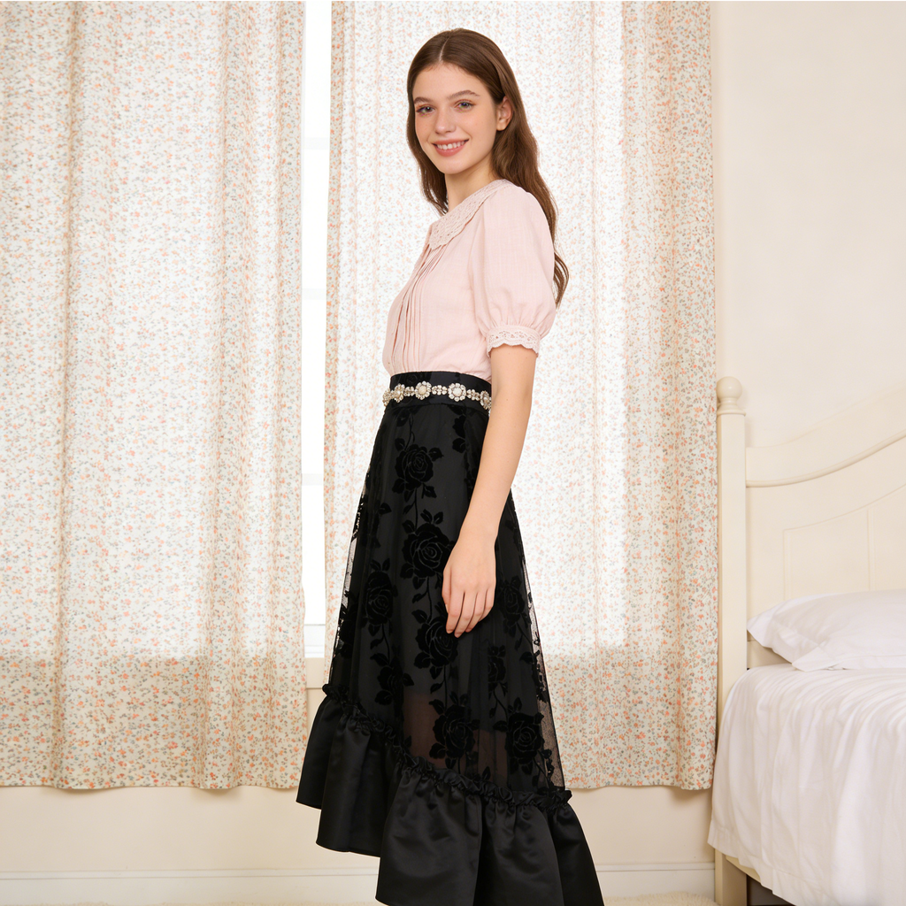 Black Velvet Rose High-Low Skirt