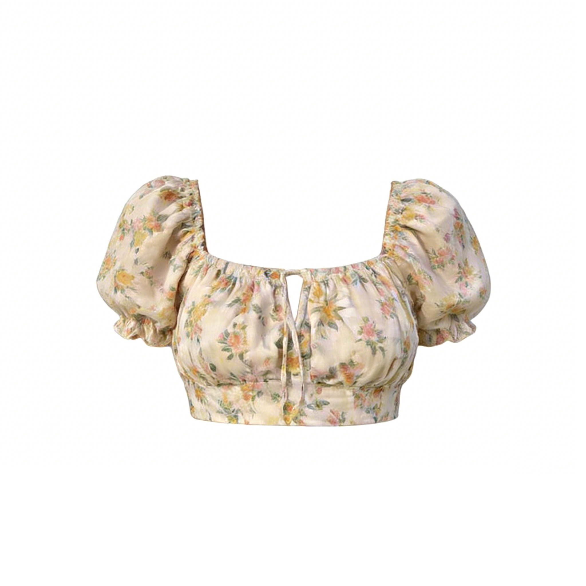 Pastel Floral Puff Sleeve Crop Top