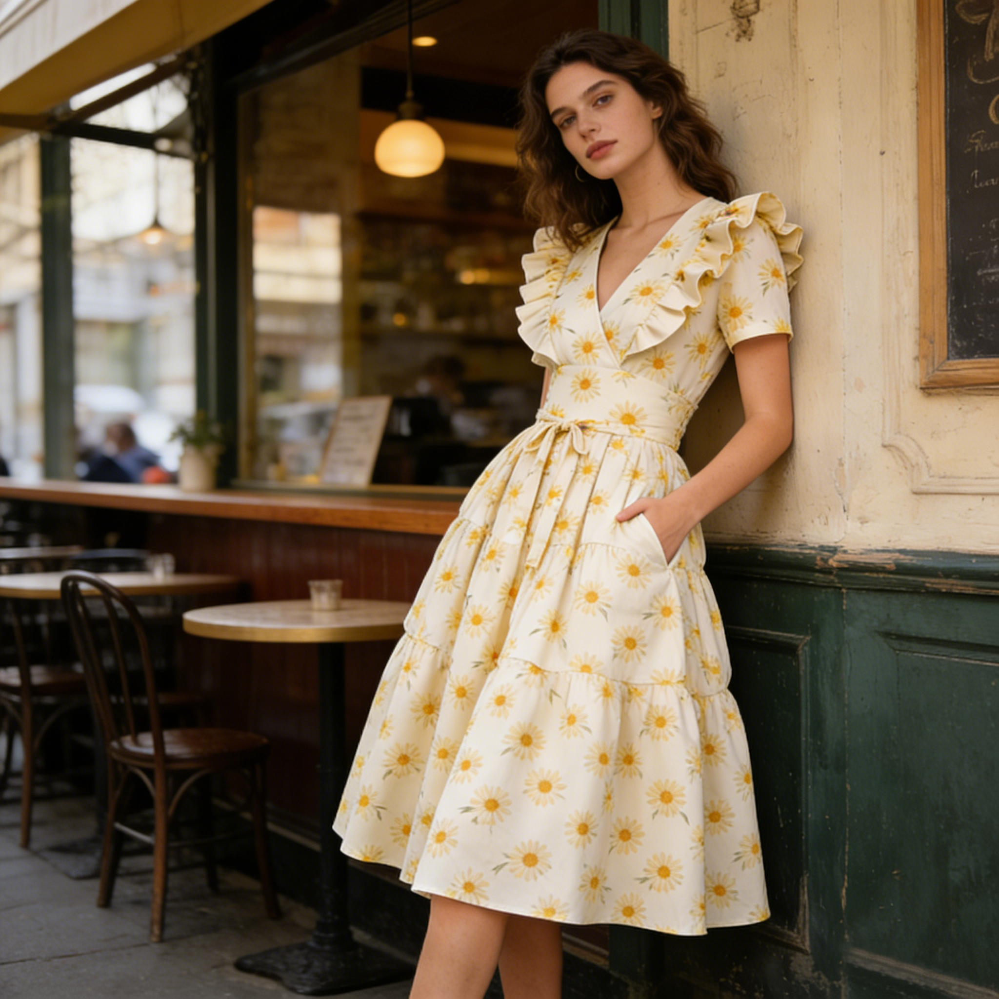 Cream Floral Ruffled V-Neck Tiered Dress