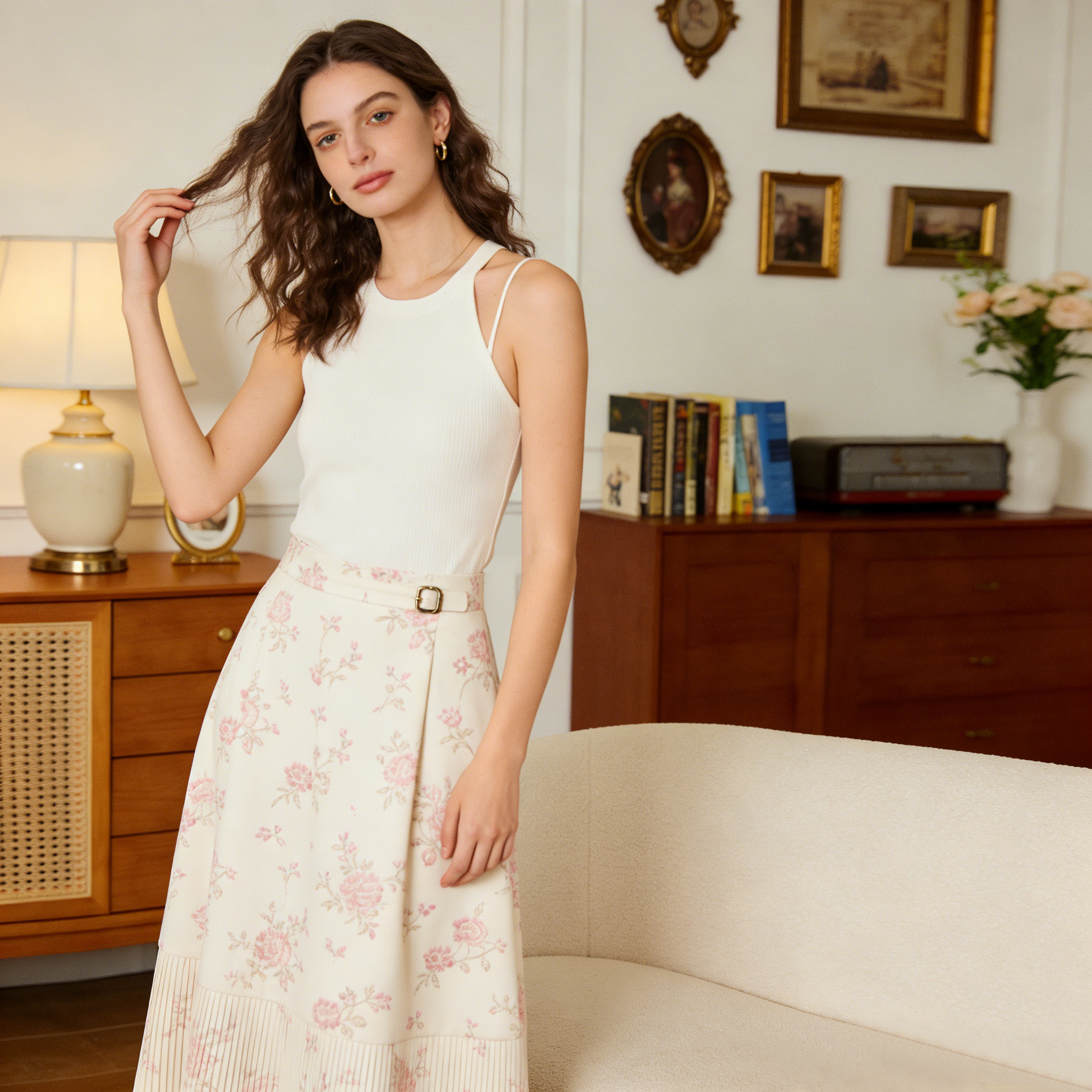 Pink Floral Print Midi Skirt