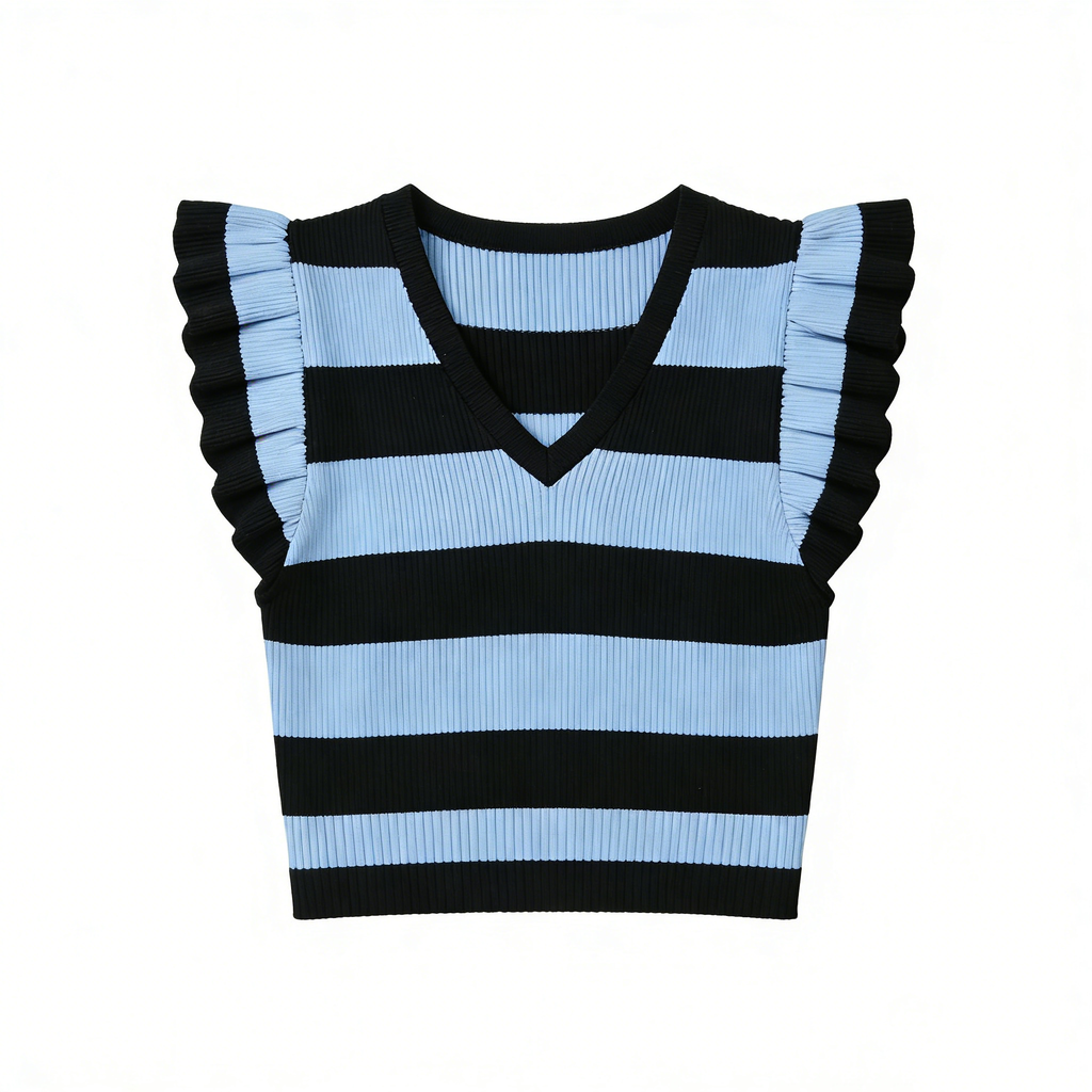 Retro Striped Ruffle Sleeve Cropped Knit Blouse