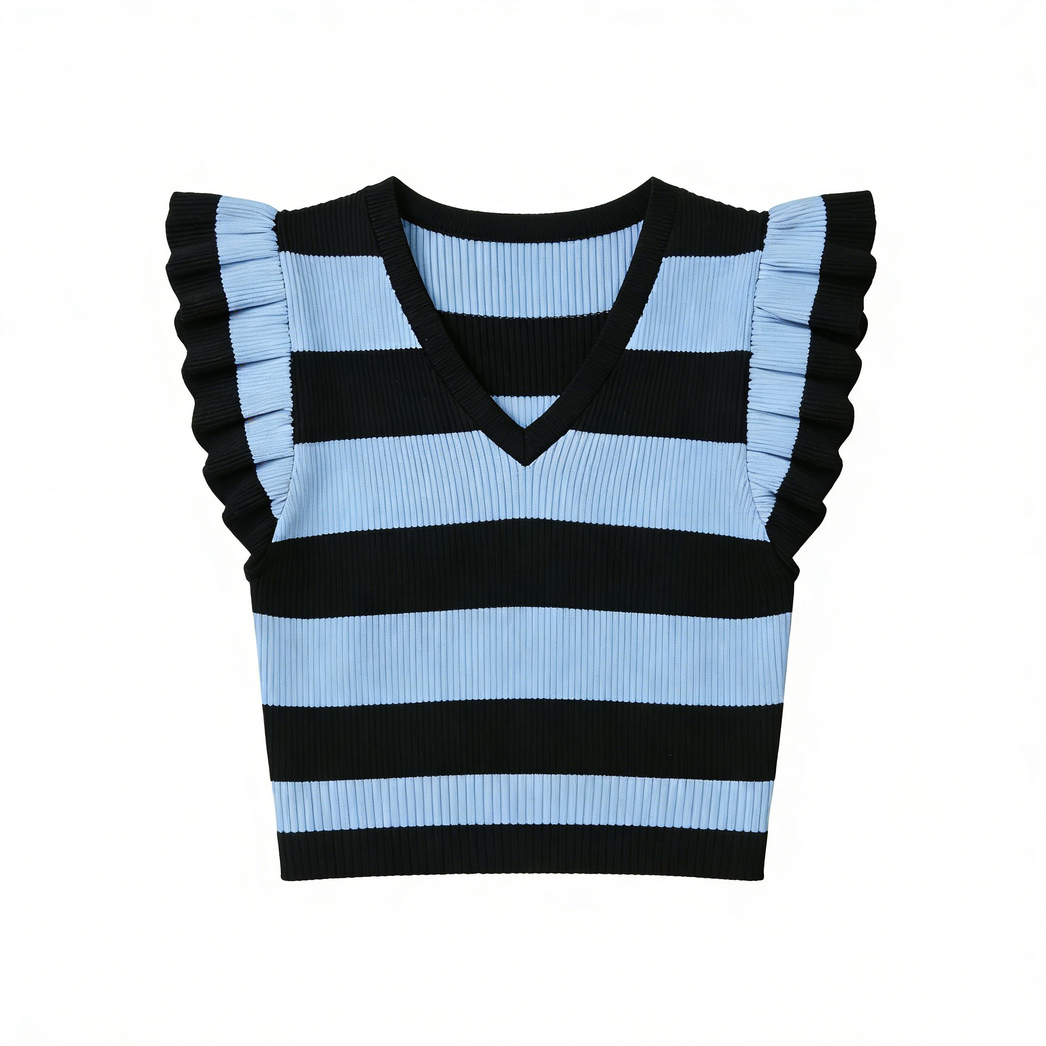 Retro Striped Ruffle Sleeve Cropped Knit Blouse