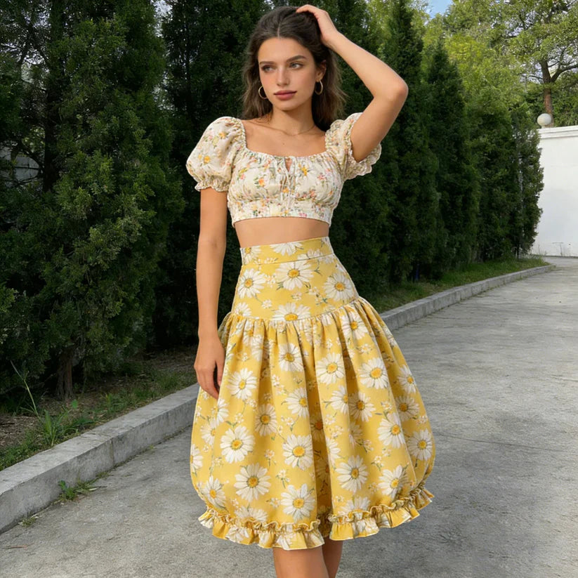 Pastel Floral Puff Sleeve Crop Top