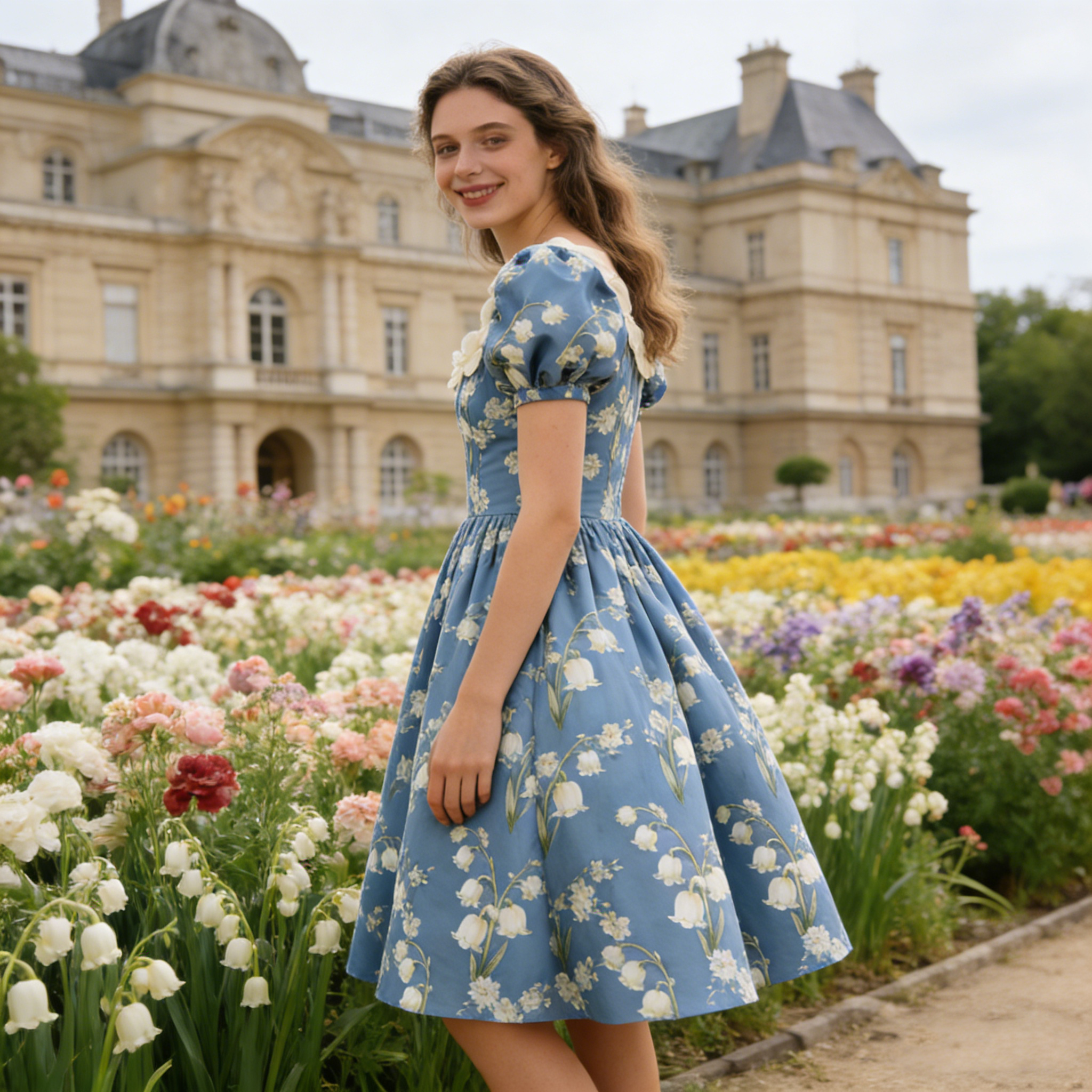 Blue Lily of the Valley Print Scalloped Neck Dress