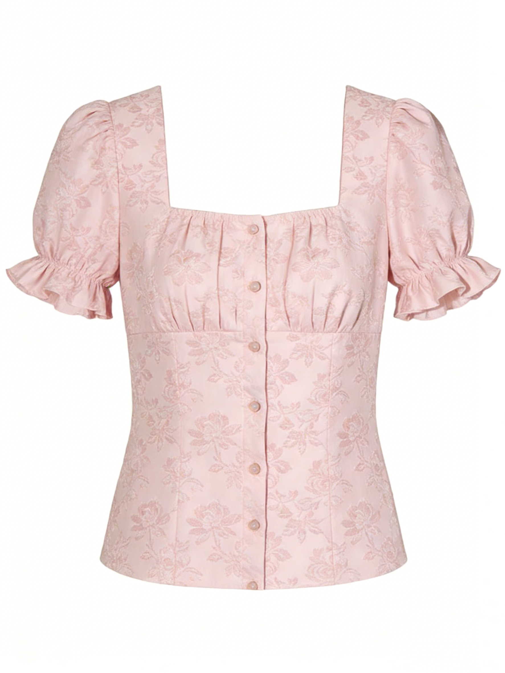 Pink Floral Jacquard Blouse with Puff Sleeves