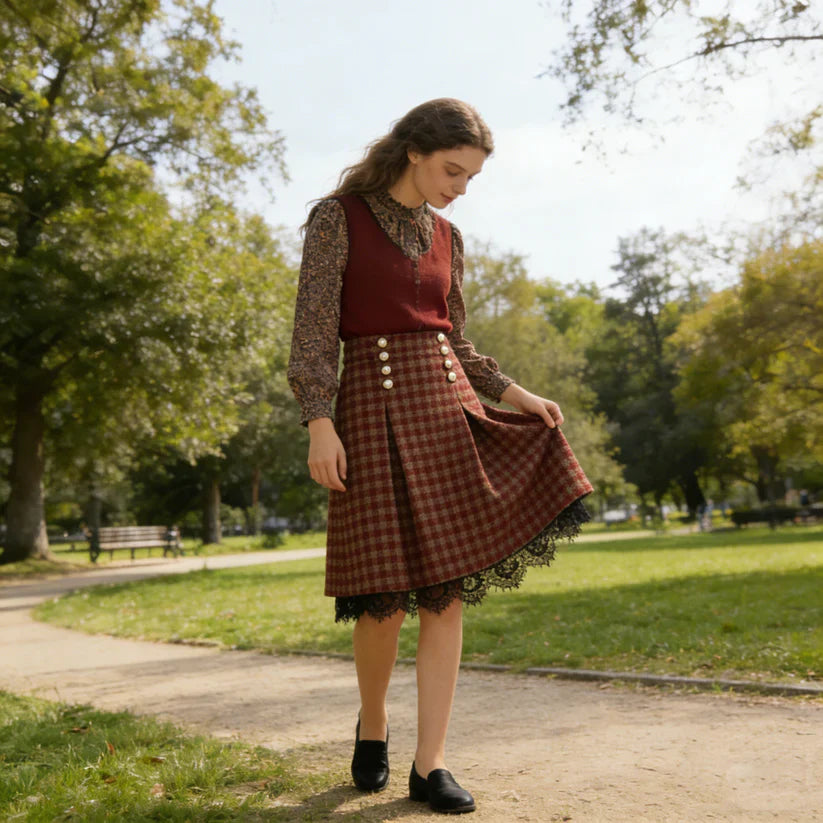 Burgundy Knit Vest & Vintage Floral Blouse Two-Piece