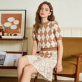 Brown & White Argyle Knit Short Sleeve Top
